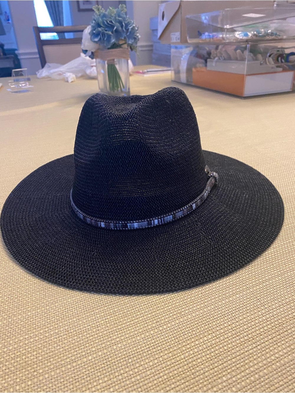 C.C. Boutique Black Straw Fedora with Embellished Band